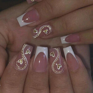 24Pcs Minimalist French Short Coffin Nails White Rim Heart Glitter False Tips sh